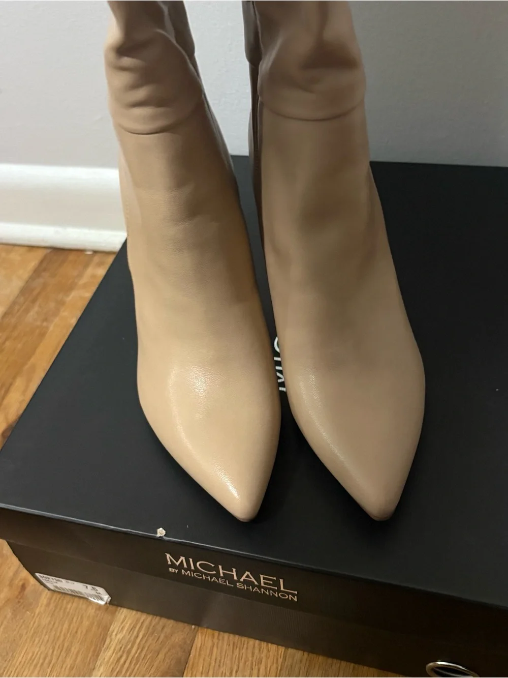 Women's Knee-High Pointed Toe Block Heel Boots in Nude